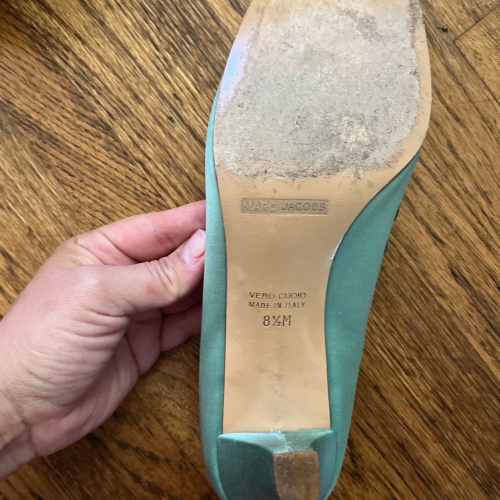 Marc Jacobs Satin Mint w/ Silver Sparkles Mary Jane Janes Pumps Heels - Picture 7 of 8